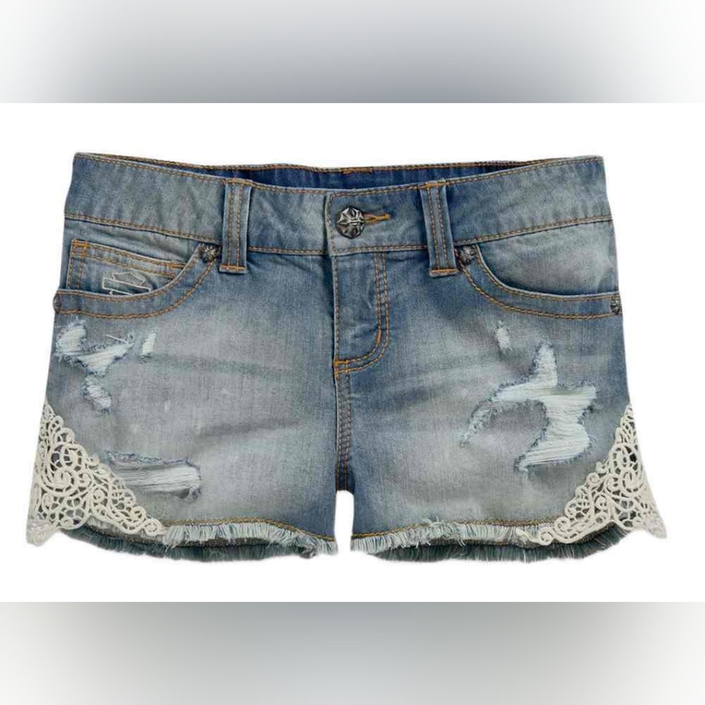 HARLEY DAVIDSON Distressed Denim Mini Shorts Crochet Lace Accent